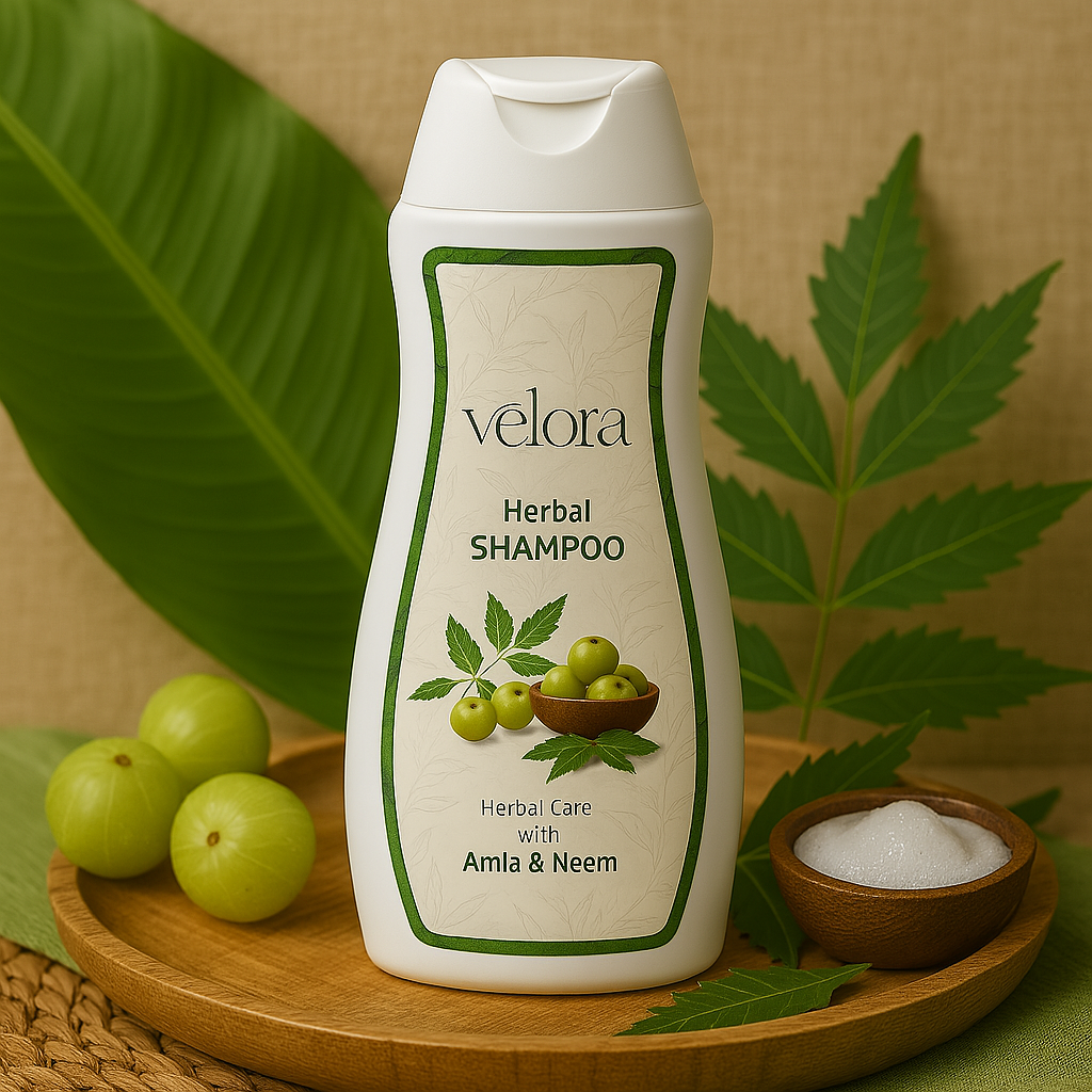 Vèlora Herbal Shampoo with Amla & Neem – Anti-Dandruff & Hair Strengthening Formula